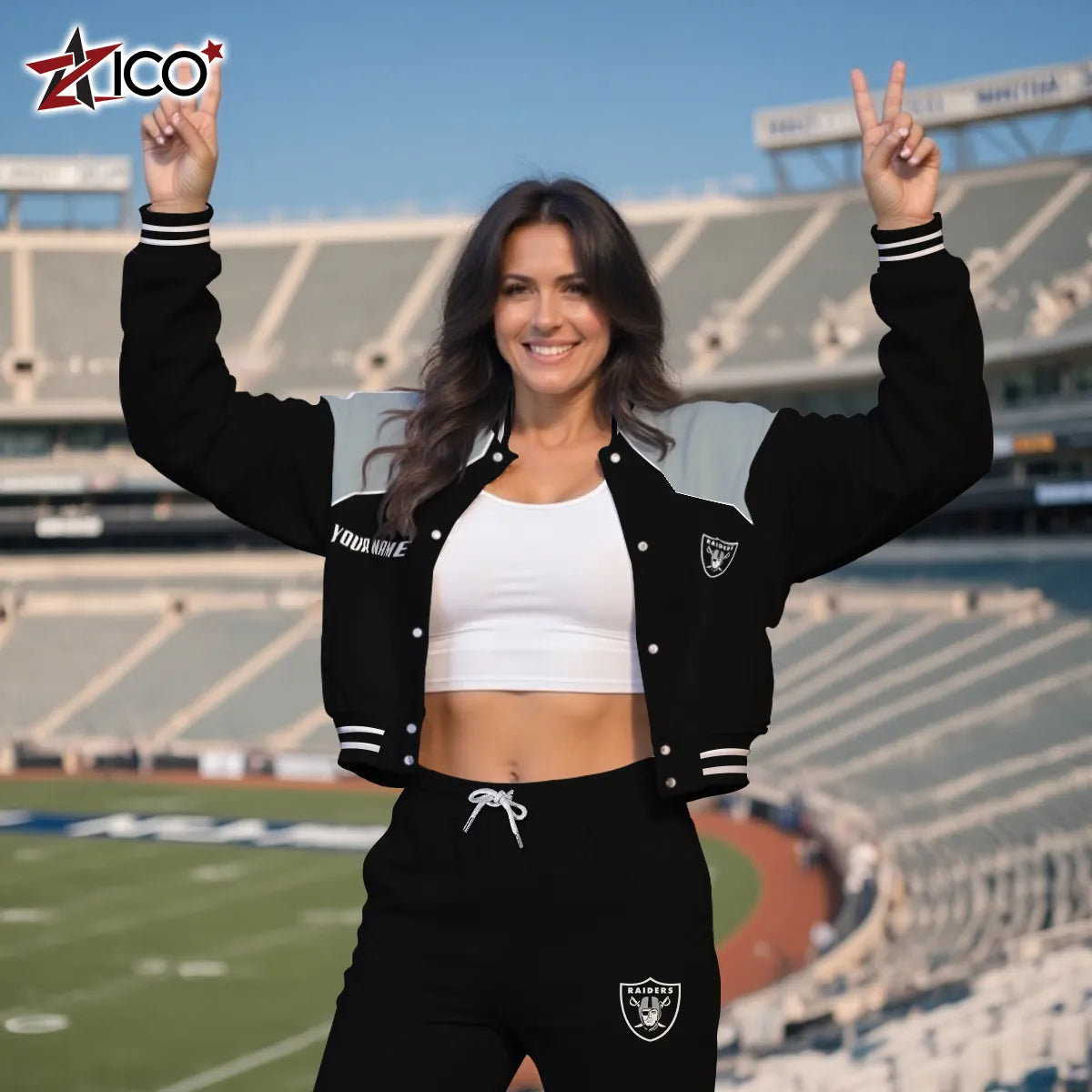 Las Vegas Raiders Combo Crop Varsity Jacket And Sweatspants Limited Edition AZTNVJSP000058