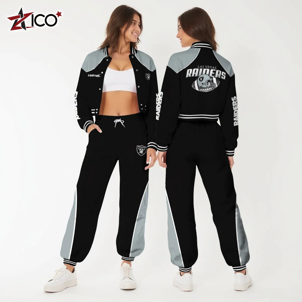 Las Vegas Raiders Combo Crop Varsity Jacket And Sweatspants Limited Edition AZTNVJSP000058