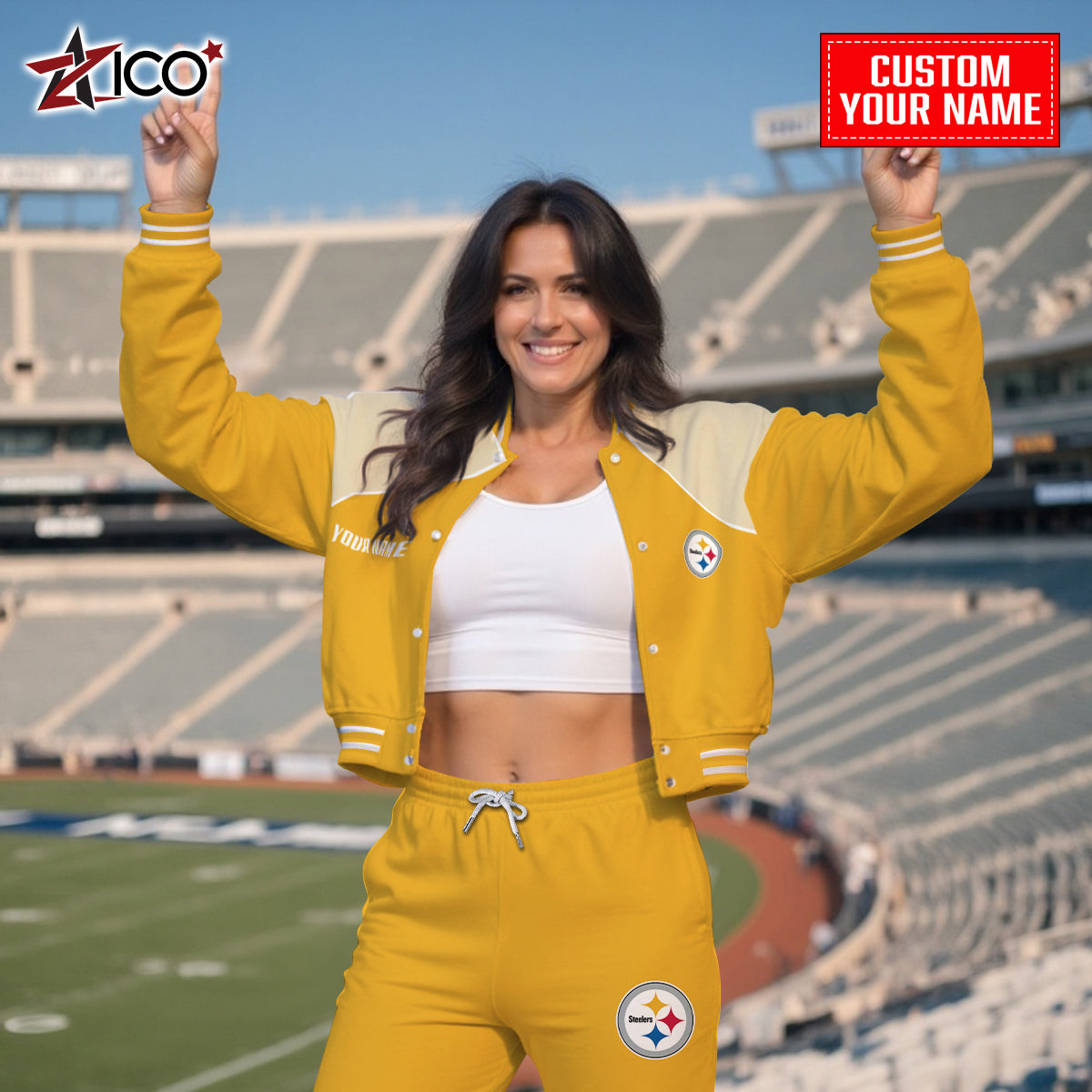 Pittsburgh Steelers Combo Crop Varsity Jacket And Sweatspants Limited Edition AZTNVJSP000063