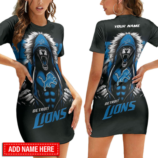 Detroit Lions Personalized Short Sleeve Bodycon Mini Dress BGCSD413