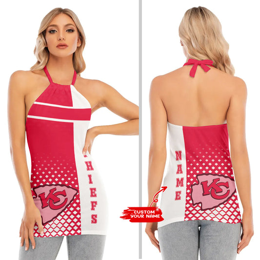 Kansas City Chiefs Personalized Women Neck Tie Back Sleeveless Halter Tops BG004