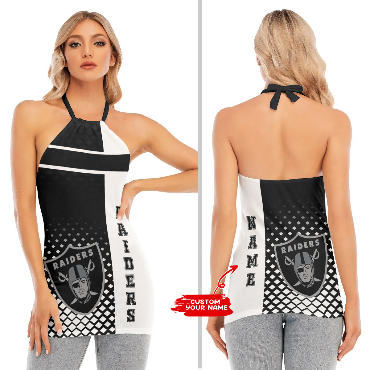Las Vegas Raiders Personalized Women Neck Tie Back Sleeveless Halter Tops BG007