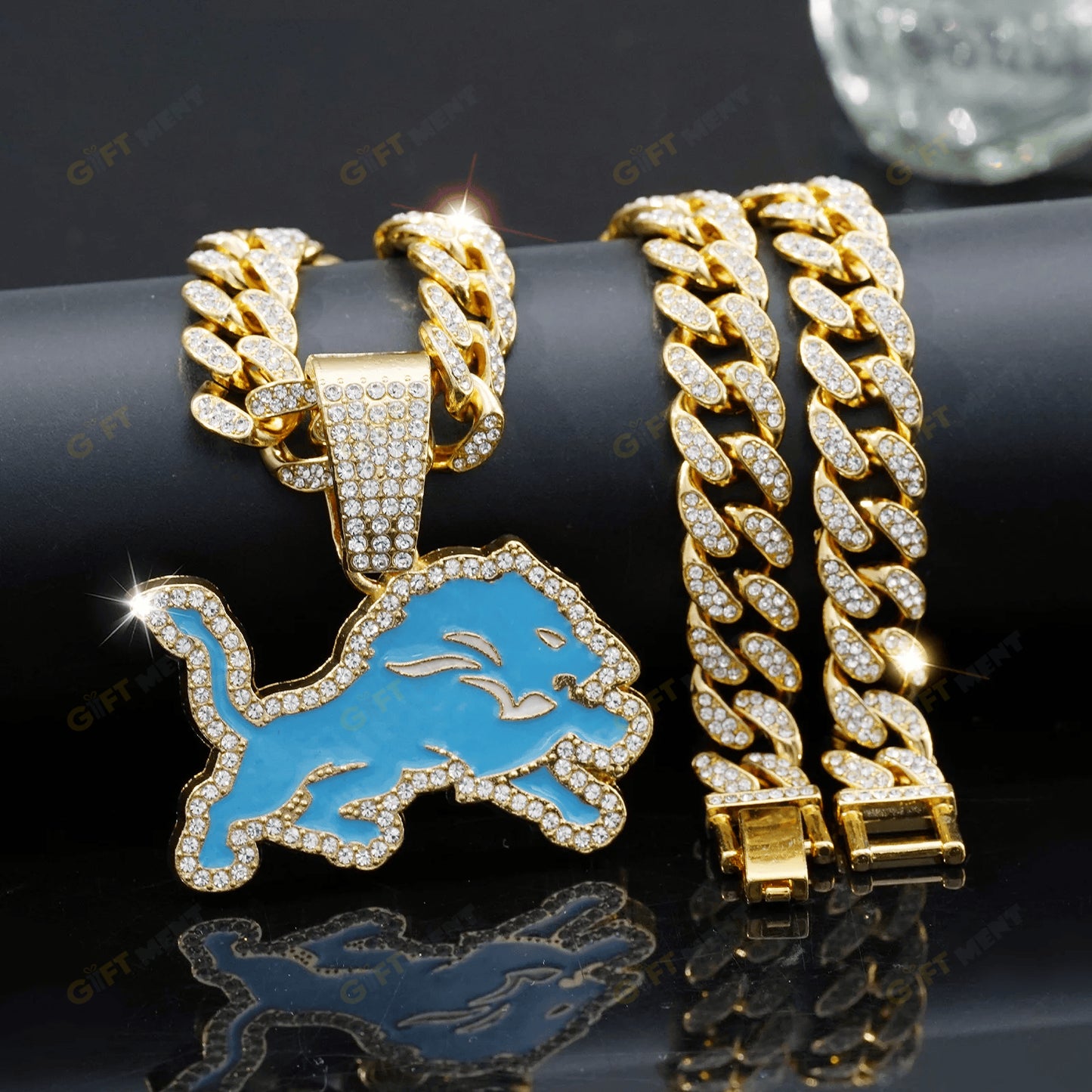 Detroit Lions Hip Hop Iced Out Bling Pendant Cuban Chain