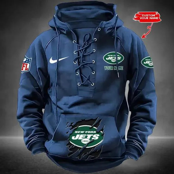 New York Jets Custom Lace-Up Drawstring Hoodie HA24