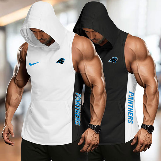 Carolina Panthers Personalied Men Workout Hooded Tank Top AZBTMHTT000005