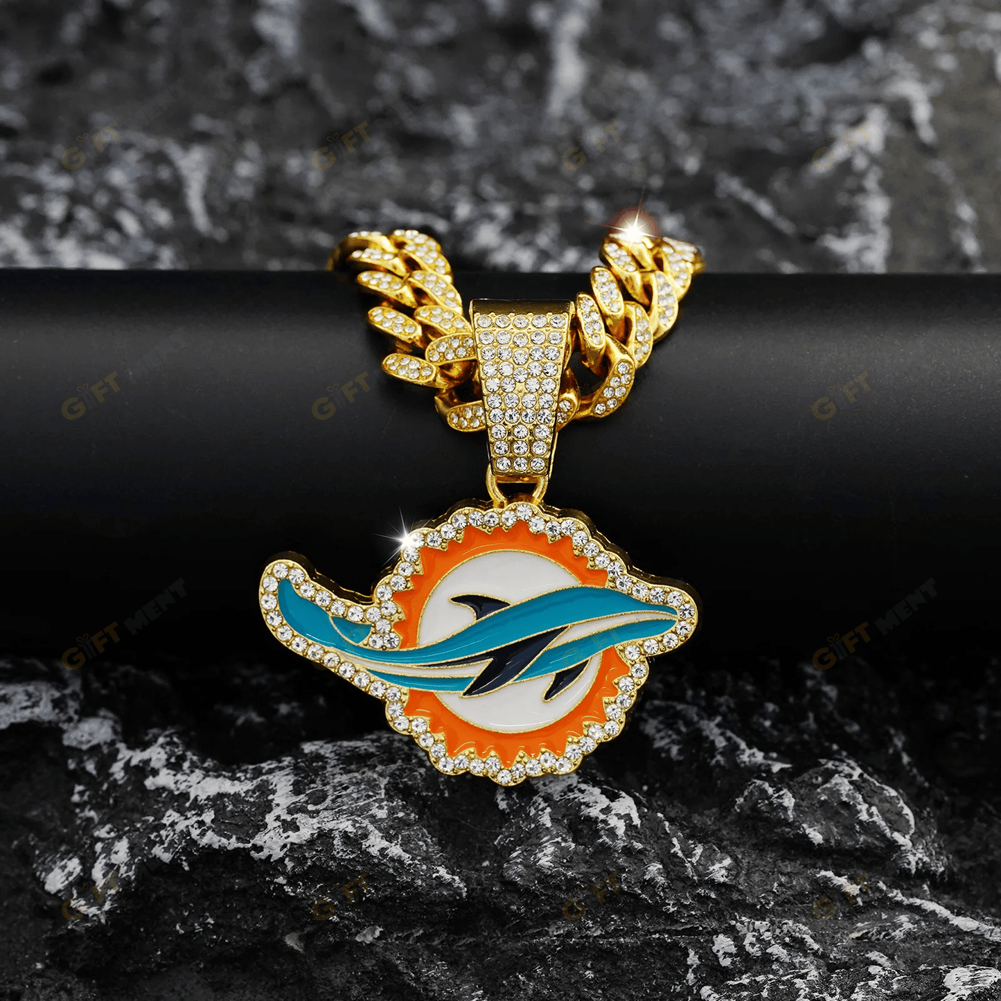 Miami Dolphins Hip Hop Iced Out Bling Pendant Cuban Chain