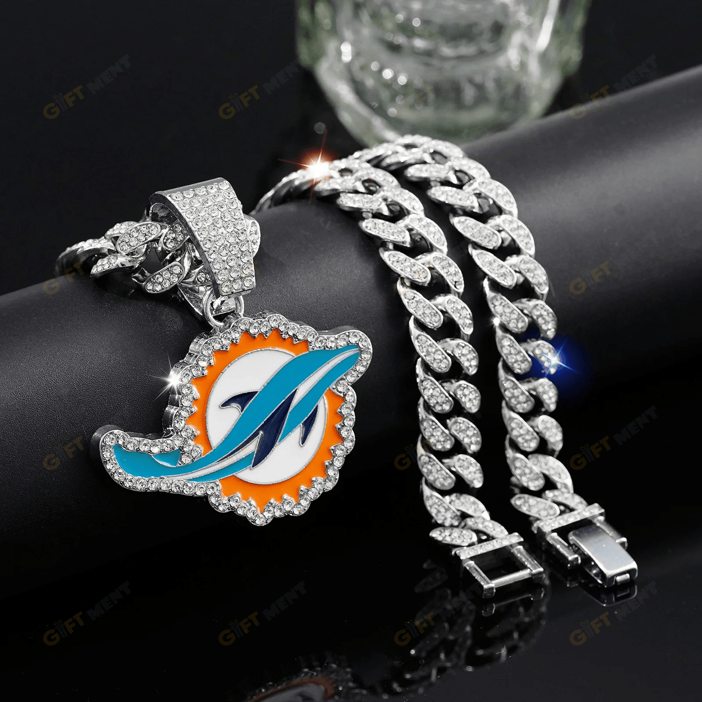 Miami Dolphins Hip Hop Iced Out Bling Pendant Cuban Chain