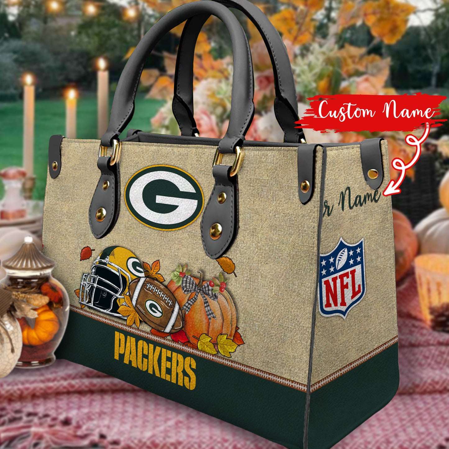 Green Bay Packers Personalized Leather Hand Bag AZBTLHB000028