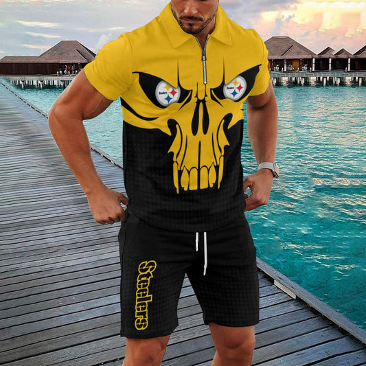 Pittsburgh Steelers Zip Polo Shirt And Shorts Men GB20