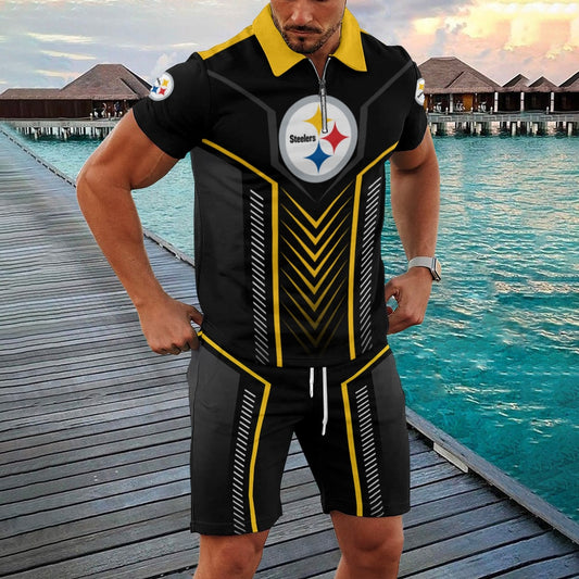 Pittsburgh Steelers Zip Polo Shirt And Shorts Men GB25
