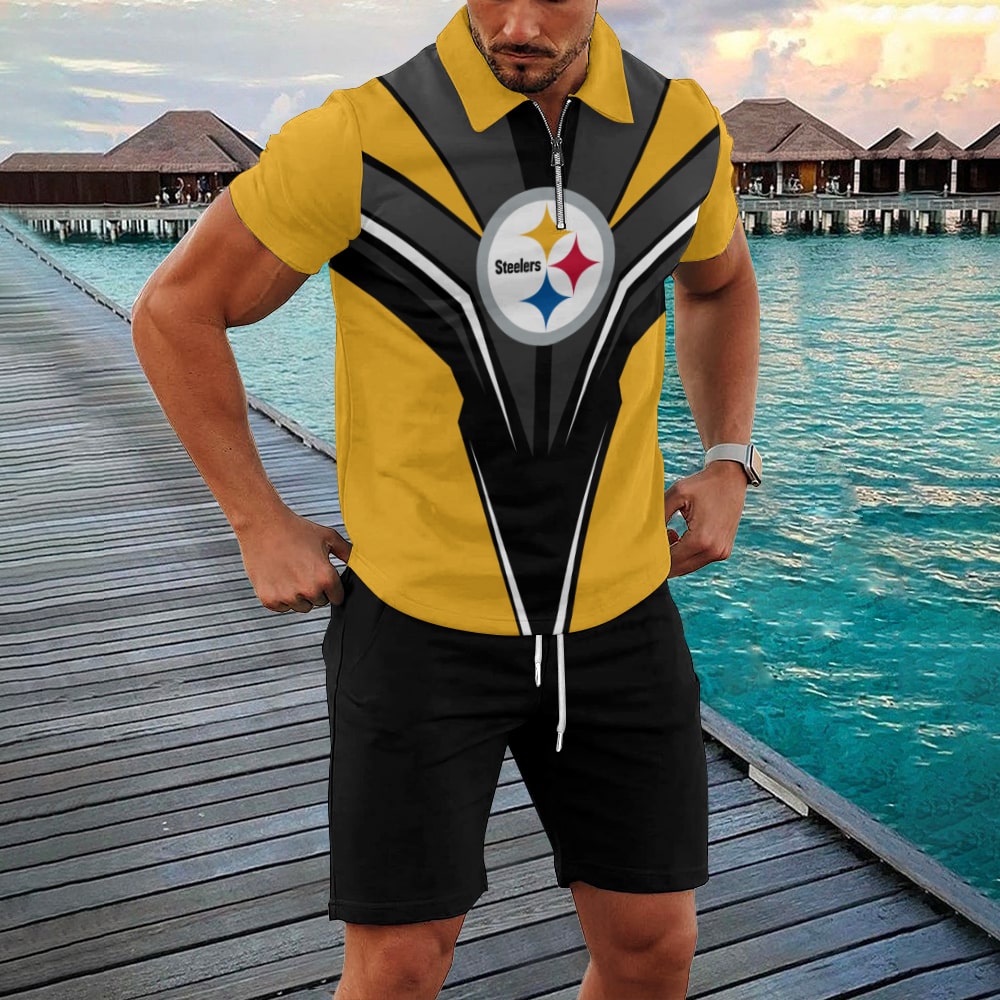 Pittsburgh Steelers Zip Polo Shirt And Shorts Men GB128