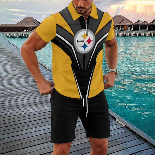 Pittsburgh Steelers Zip Polo Shirt And Shorts Men GB128