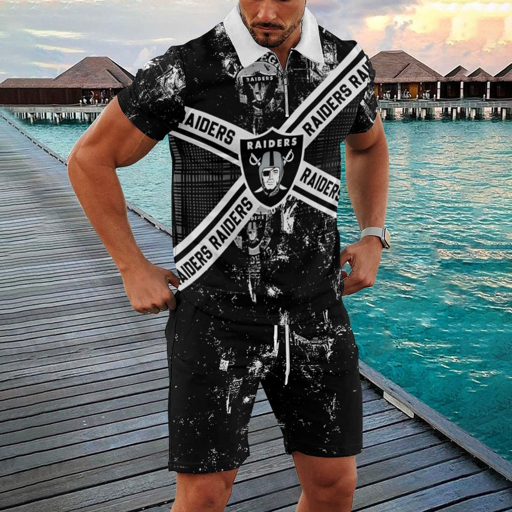 Las Vegas Raiders Zip Polo Shirt And Shorts Men GB130