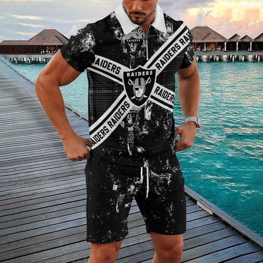 Las Vegas Raiders Zip Polo Shirt And Shorts Men GB130