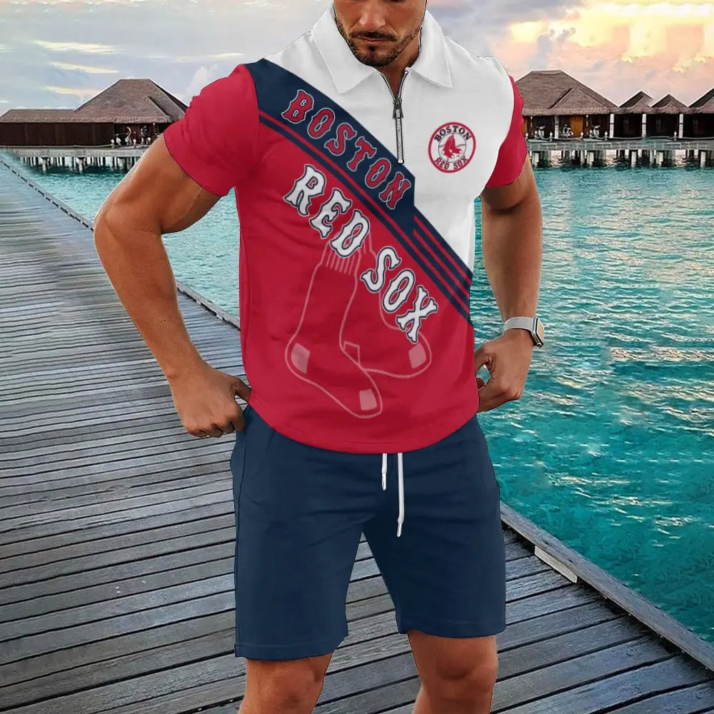 Boston Red Sox Zip Polo Shirt And Shorts Men GB137