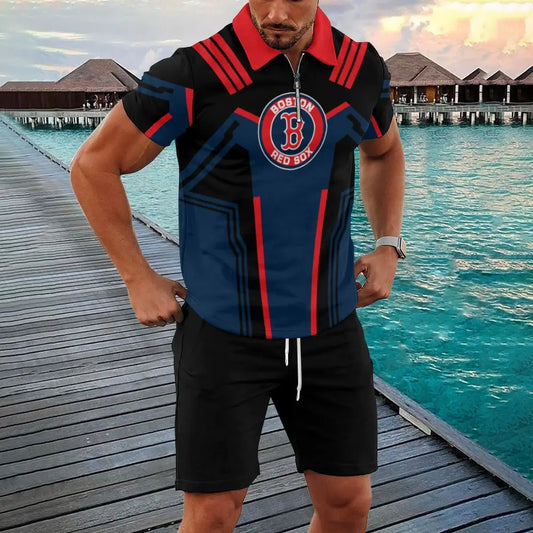 Boston Red Sox Zip Polo Shirt And Shorts Men GB139