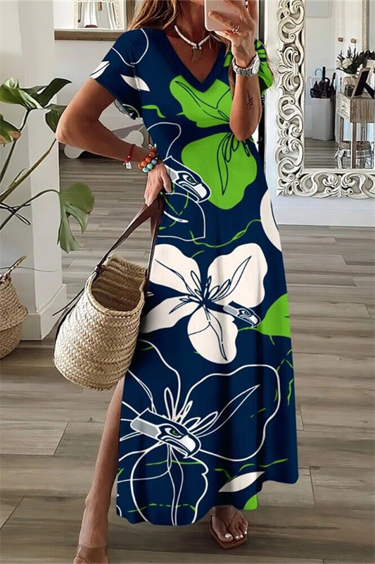 Seattle Seahawks V-Neck Side Slit Long Dress AZBTVSD000394