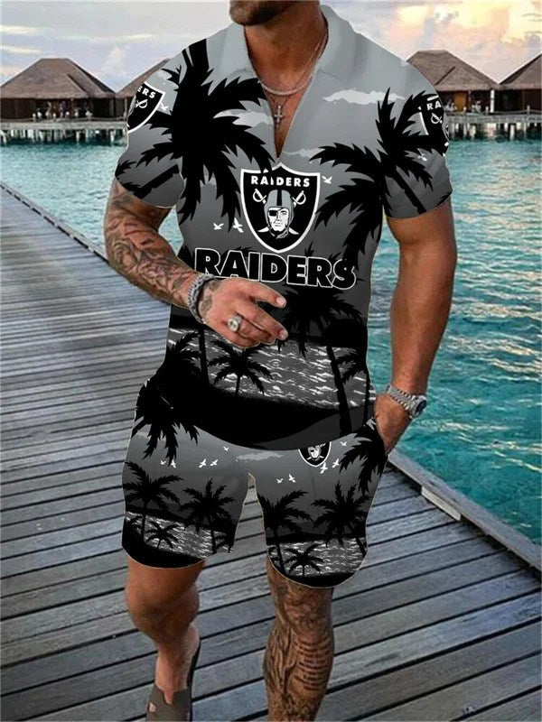 Las Vegas Raiders Zip Polo Shirt And Shorts Men AZPLZ134