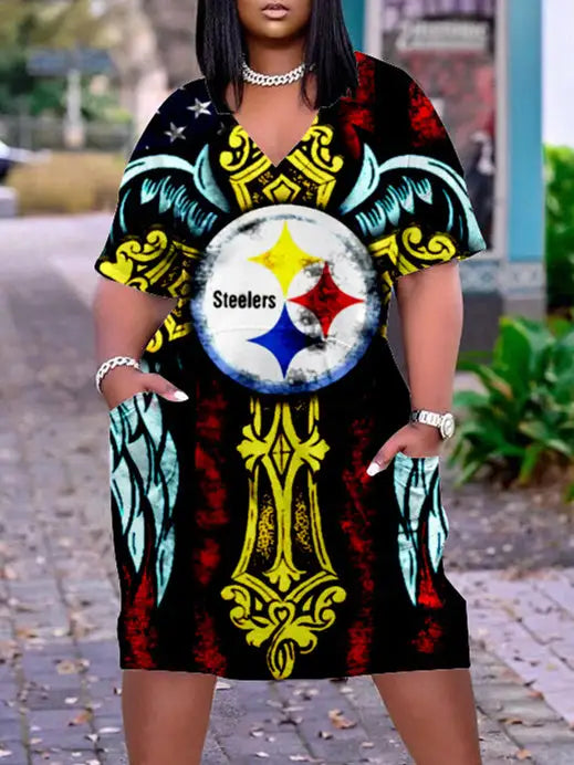 Pittsburgh Steelers V-neck Casual Pocket Dress Limited Edition AZBTVCPD000025