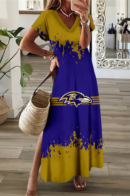 Baltimore Ravens V-Neck Side Slit Long Dress AZBTVSD000018