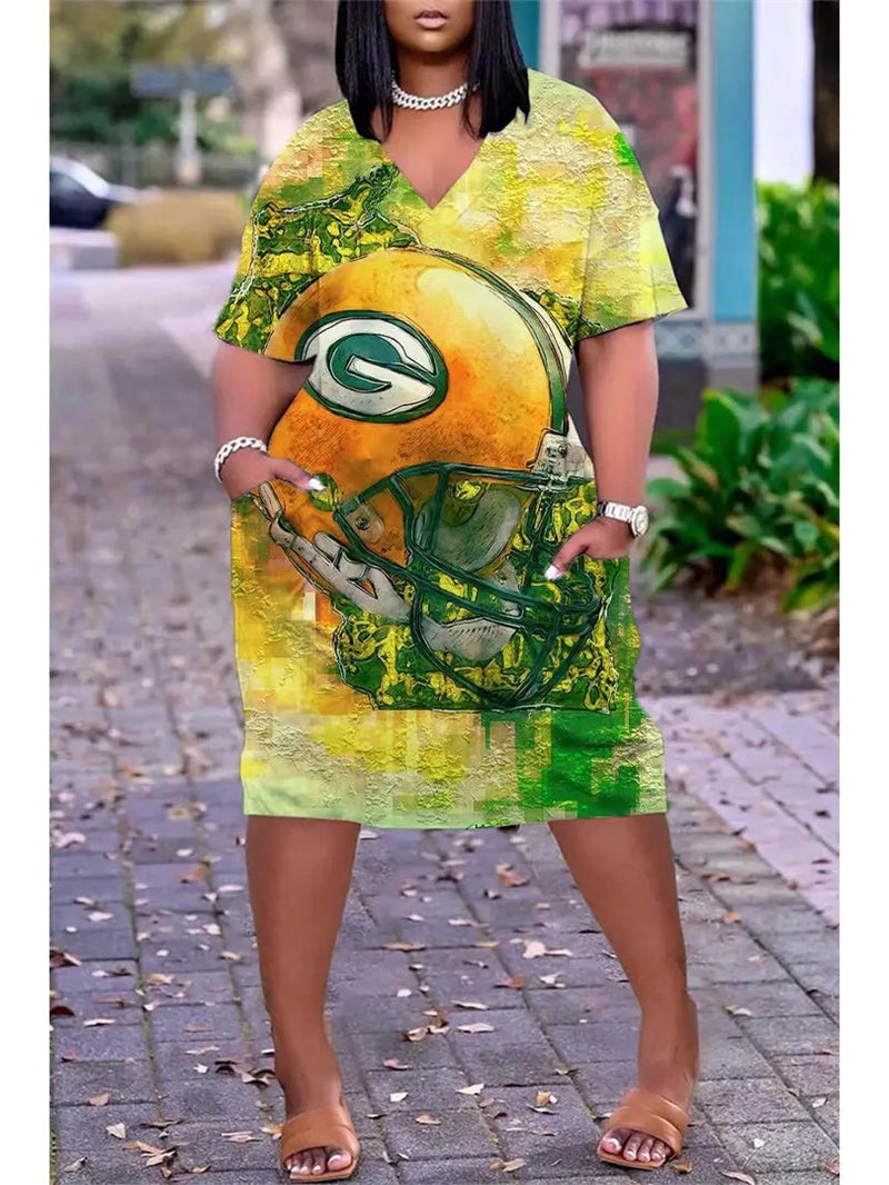 Green Bay Packers V-neck Casual Pocket Dress Limited Edition AZBTVCPD000417