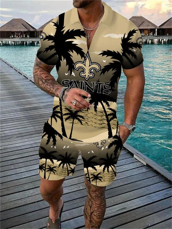 New Orleans Saints Zip Polo Shirt And Shorts Men AZPLZ084