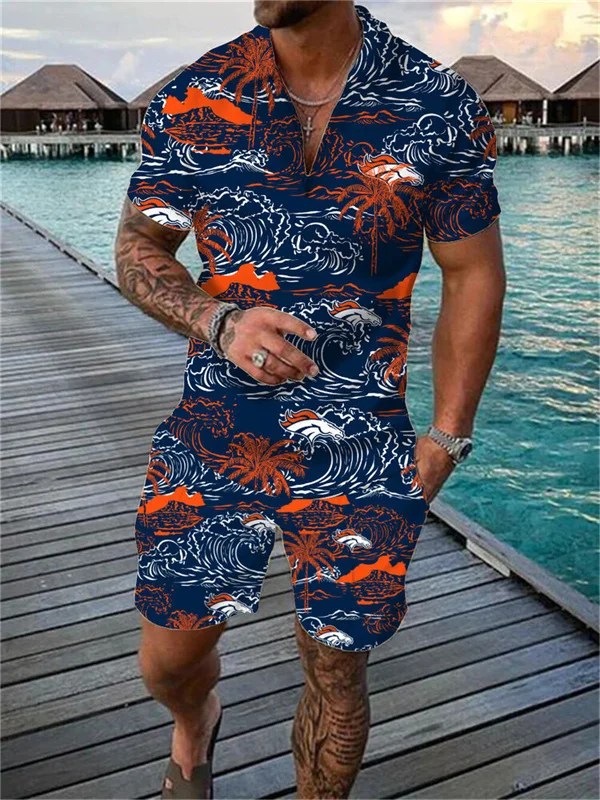 Denver Broncos Zip Polo Shirt And Shorts Men AZPLZ201
