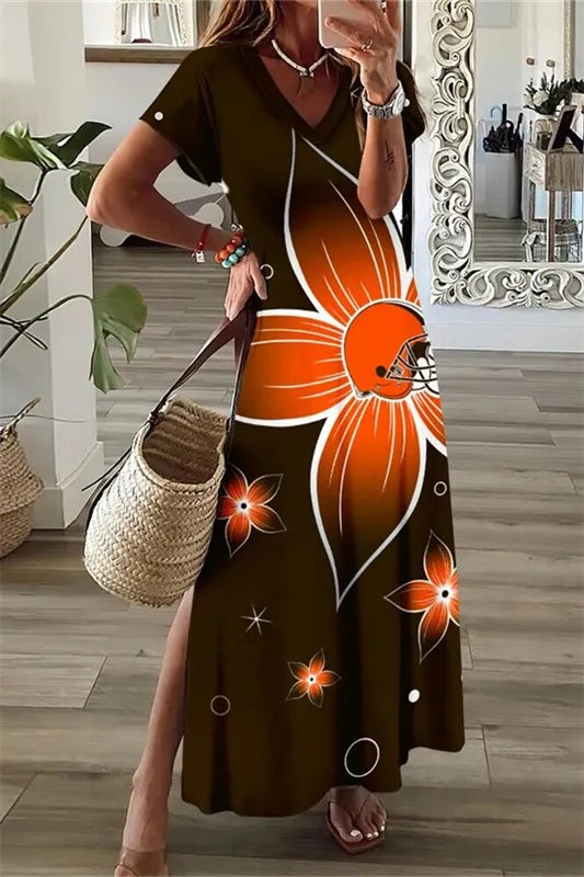 Cleveland Browns V-Neck Side Slit Long Dress AZBTVSD000390