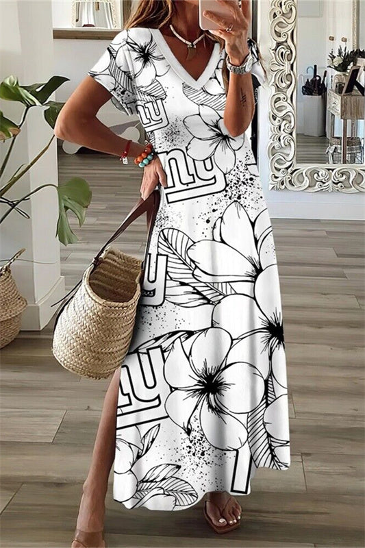 New York Giants V-Neck Side Slit Long Dress AZBTVSD000495