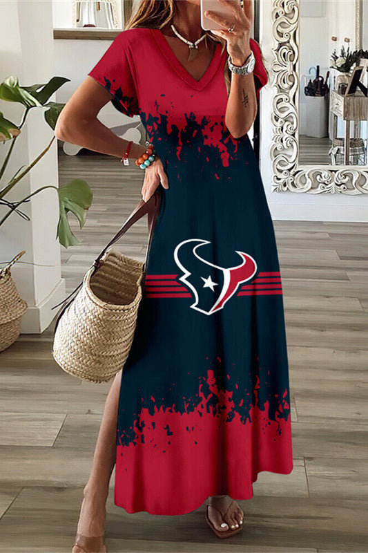 Houston Texans V-Neck Side Slit Long Dress AZBTVSD000260