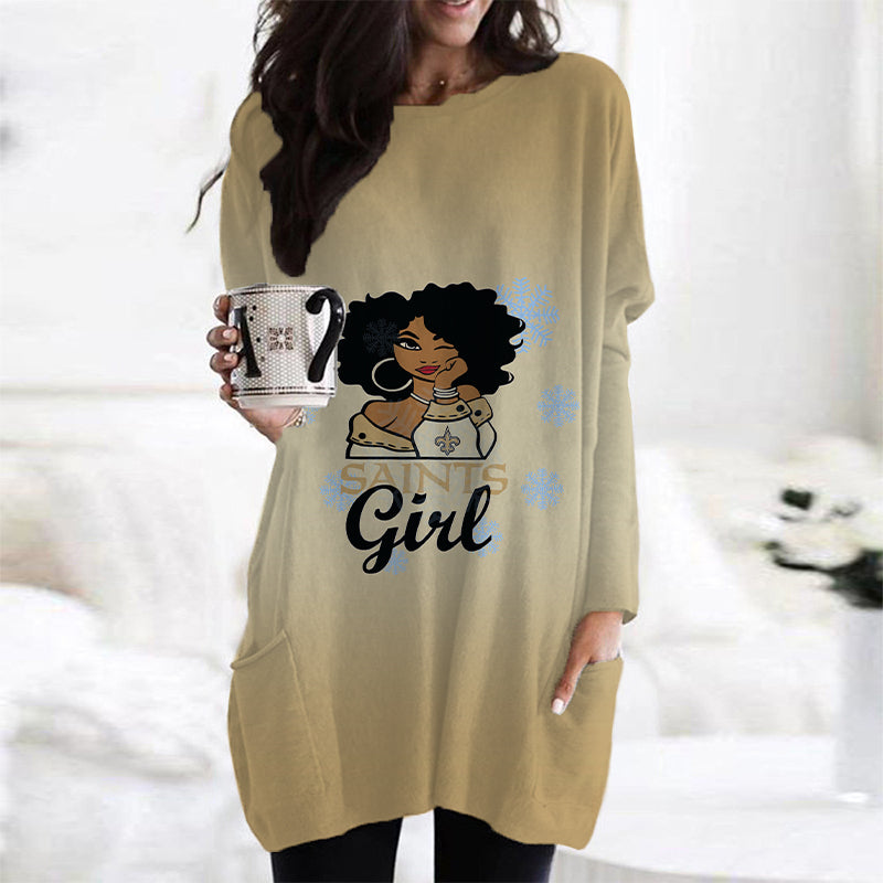 New Orleans Saints Casual Long Sleeve Pocket Dress AZBTLSPD000054