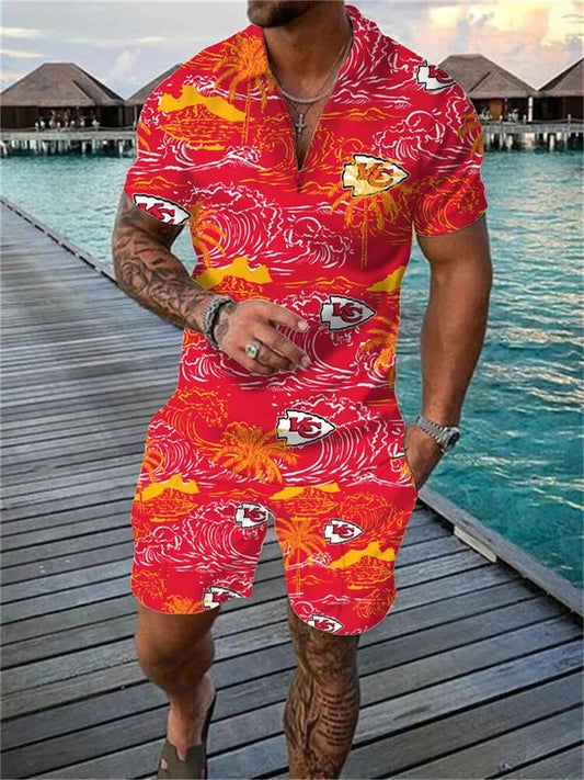 Kansas City Chiefs Zip Polo Shirt And Shorts Men AZPLZ046