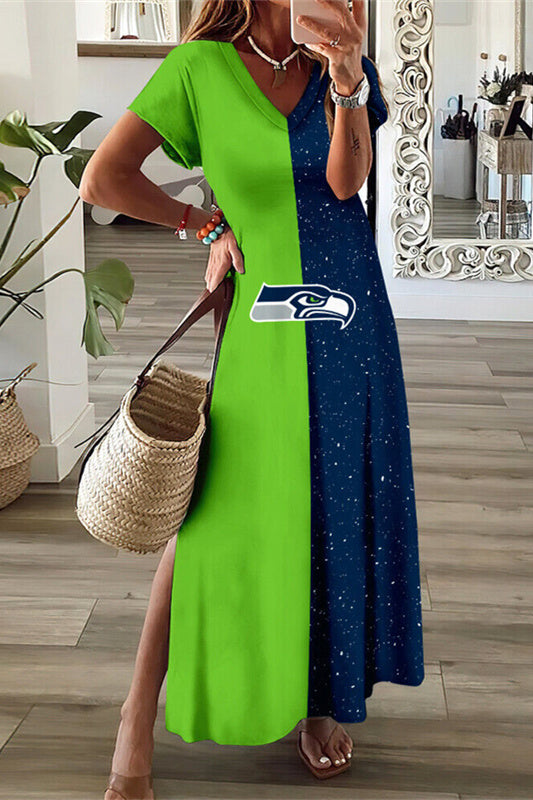 Seattle Seahawks V-Neck Side Slit Long Dress AZBTVSD000400