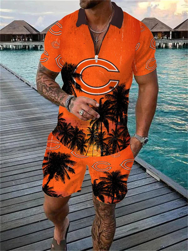 Chicago Bears Zip Polo Shirt And Shorts Men AZPLZ123