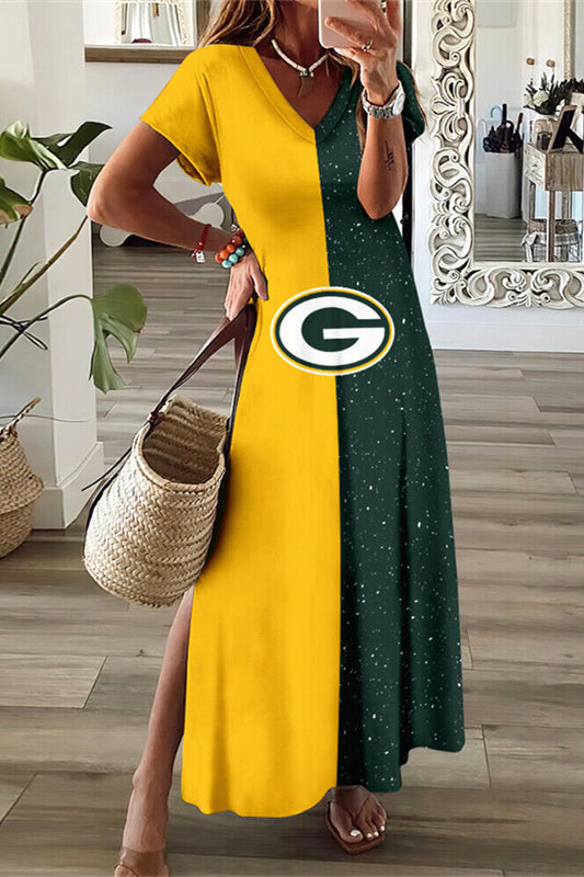Green Bay Packers V-Neck Side Slit Long Dress AZBTVSD000416