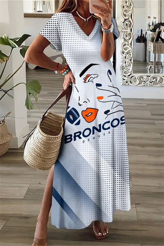 Denver Broncos V-Neck Side Slit Long Dress AZBTVSD000423