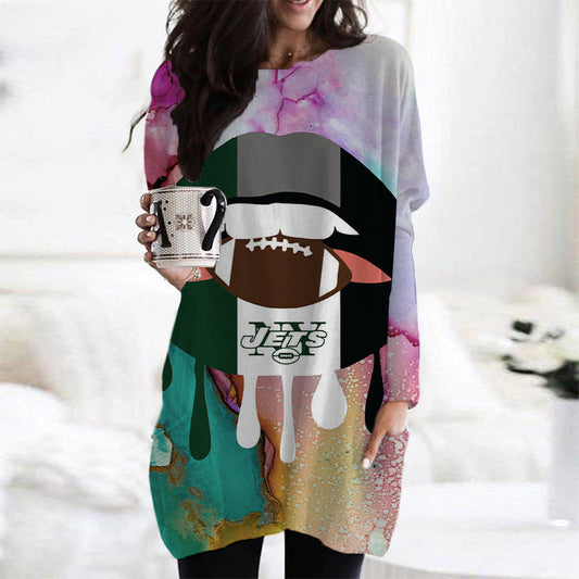 New York Jets Casual Long Sleeve Pocket Dress AZBTLSPD000032