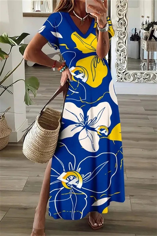 Los Angeles Rams V-Neck Side Slit Long Dress AZBTVSD000184