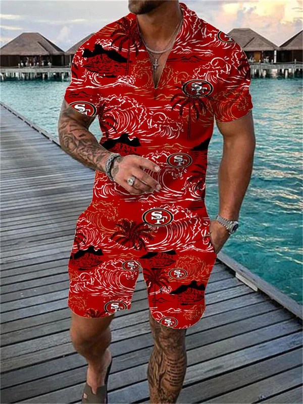 San Francisco 49ers Zip Polo Shirt And Shorts Men AZPLZ116