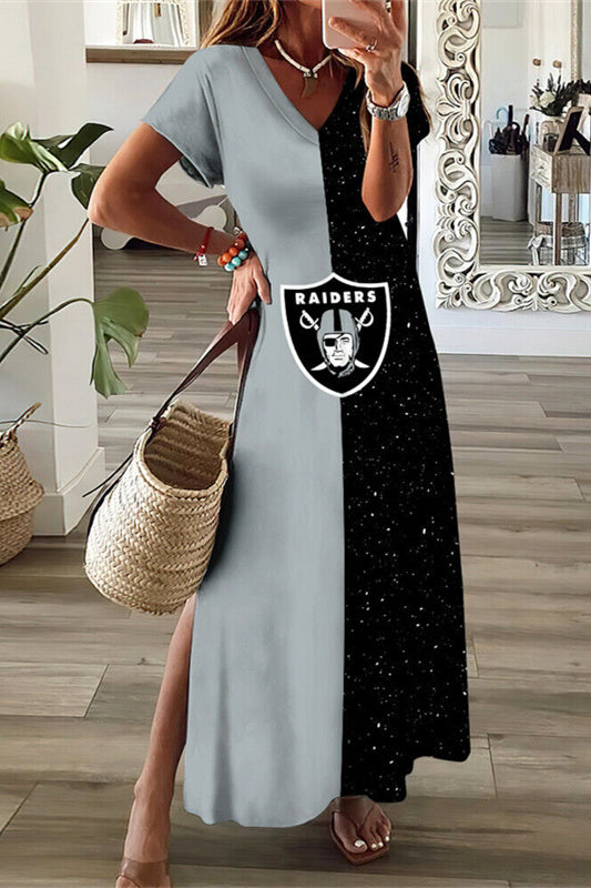 Las Vegas Raiders V-Neck Side Slit Long Dress AZBTVSD000164