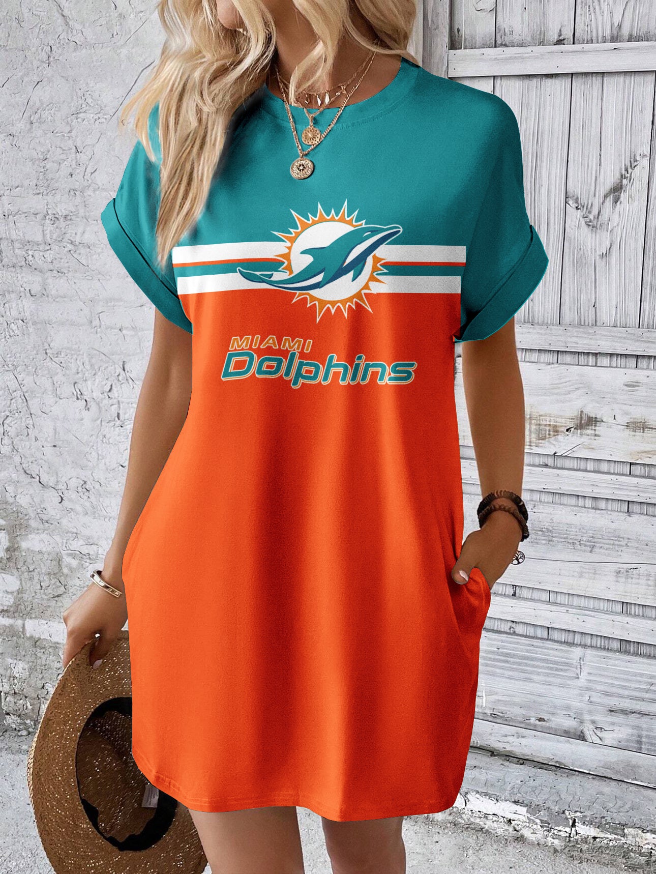 Miami Dolphins Women Hidden Pocket Batwing Casual Dress AZDDBWCD000003
