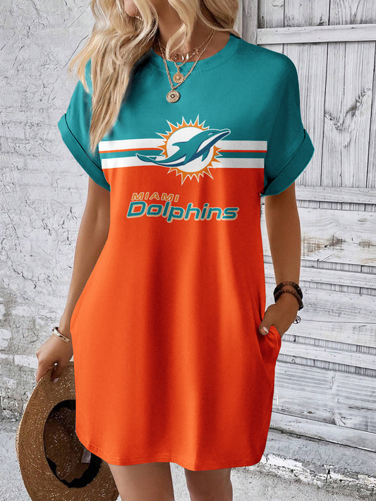 Miami Dolphins Women Hidden Pocket Batwing Casual Dress AZDDBWCD000003