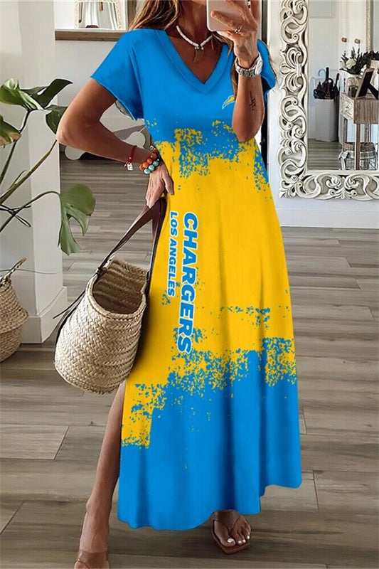Los Angeles Chargers V-Neck Side Slit Long Dress AZBTVSD000137