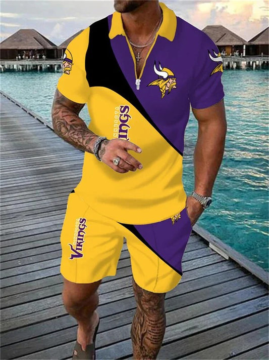 Minnesota Vikings Zip Polo Shirt And Shorts Men AZPLZ067