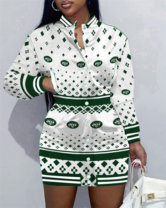 New York Jets Women Button Down Jacket Dress AZBTBDJD000328