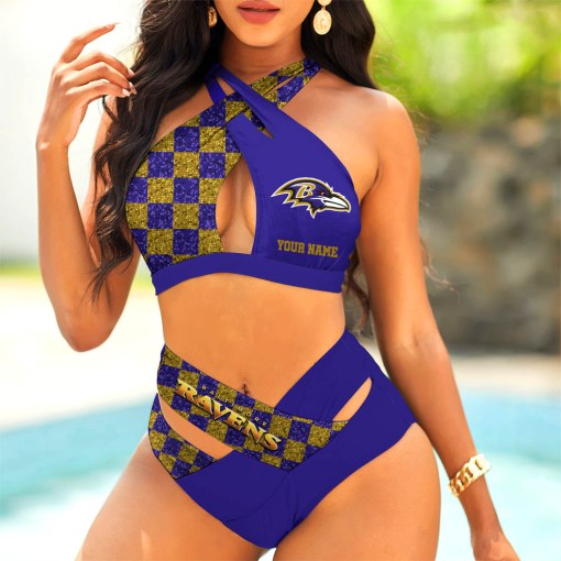 Baltimore Ravens Women’s 2PCS Bikini Swimsuit Criss Cross Cutout Bathing Suit S9BCCB028