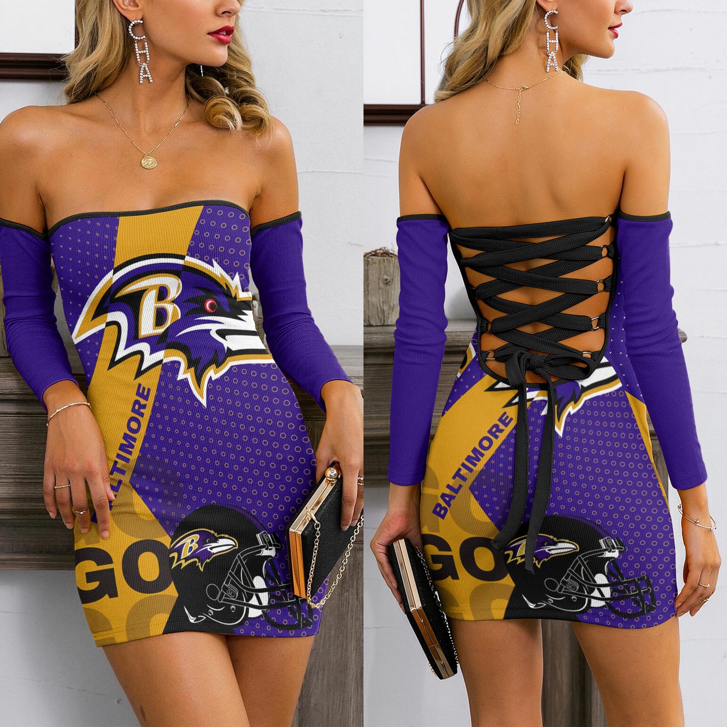 Baltimore Ravens Lace Up Back Bardot Bodycon Dress BG17