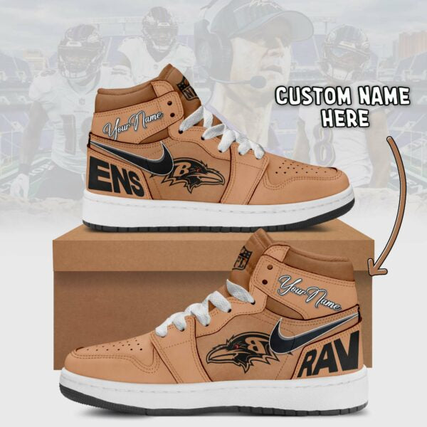 Baltimore Ravens Limited Edition Brown High Air Jordan 1 Shoes with Custom Name AZBTAJ1SEW000062