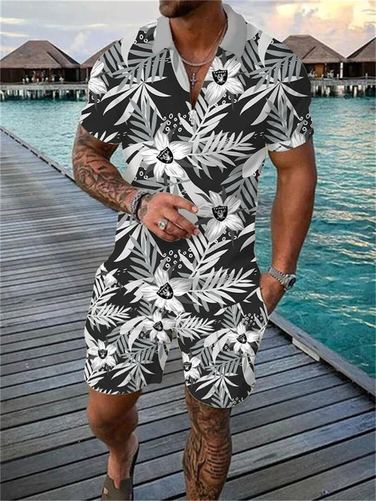 Las Vegas Raiders Zip Polo Shirt And Shorts Men AZPLZ132