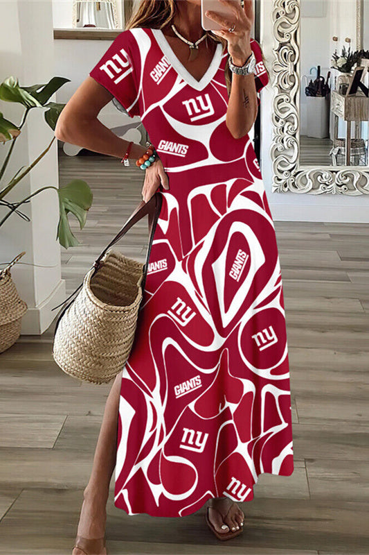 New York Giants V-Neck Side Slit Long Dress AZBTVSD000202